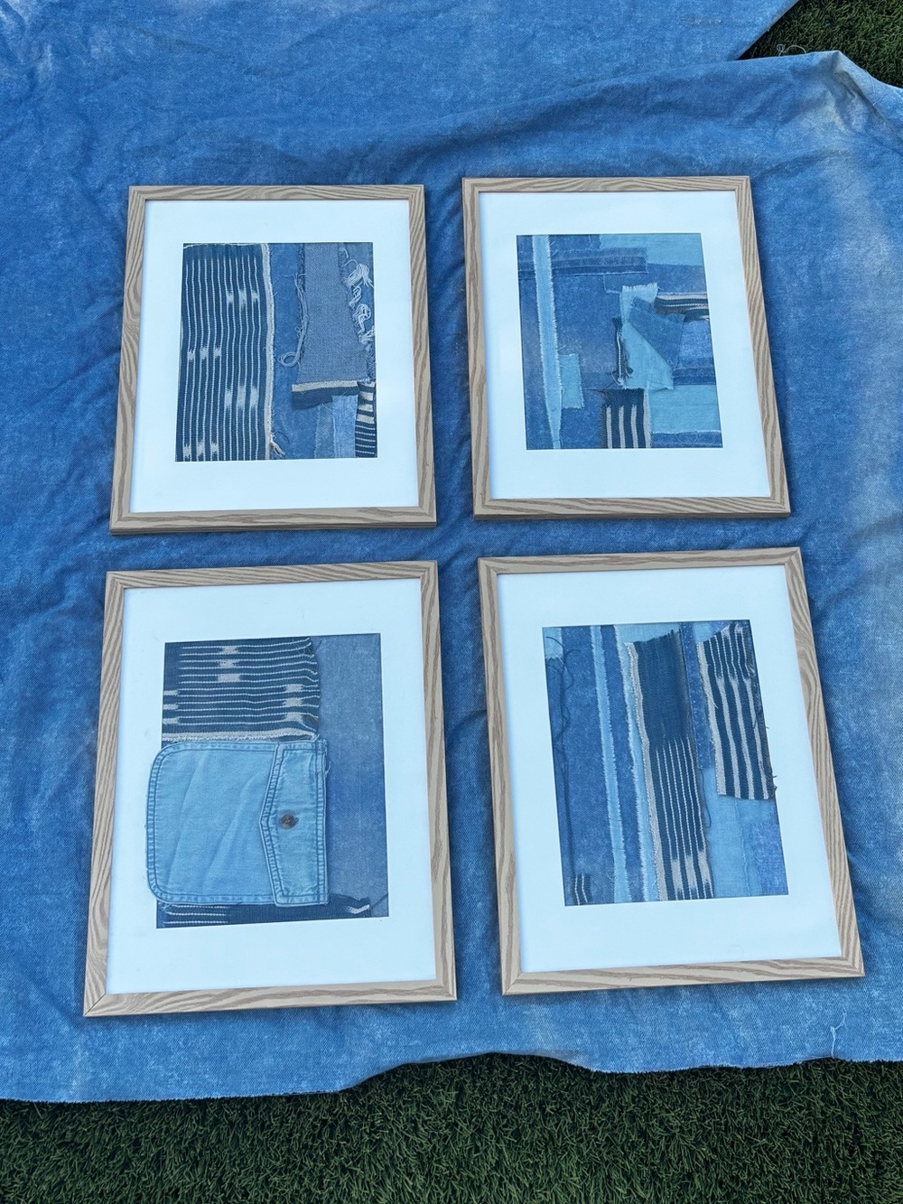 Framed Blue Striped denim Textile Art
